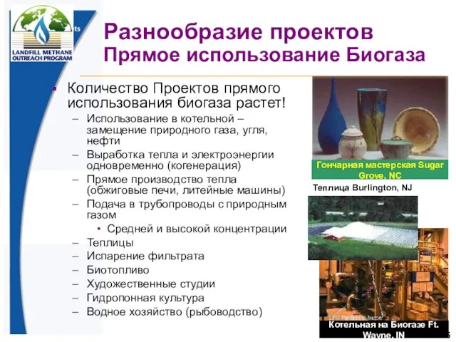 Разнообразие проектов Прямое использование Биогаза Количество Проектов прямого использования биогаза растет! Использование