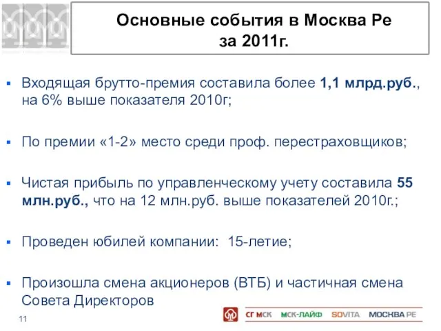 Основные события в Москва Ре за 2011г. Входящая брутто-премия составила более 1,1