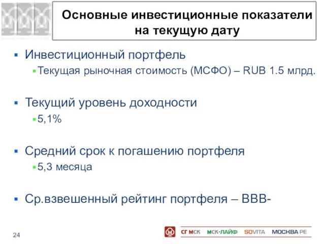 Основные инвестиционные показатели на текущую дату Инвестиционный портфель Текущая рыночная стоимость (МСФО)