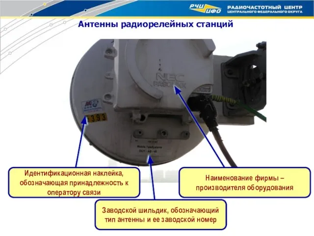 Антенны радиорелейных станций Заводской шильдик, обозначающий тип антенны и ее заводской номер