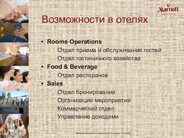 Marriott International Confidential and Proprietary Information Возможности в отелях Rooms Operations Отдел