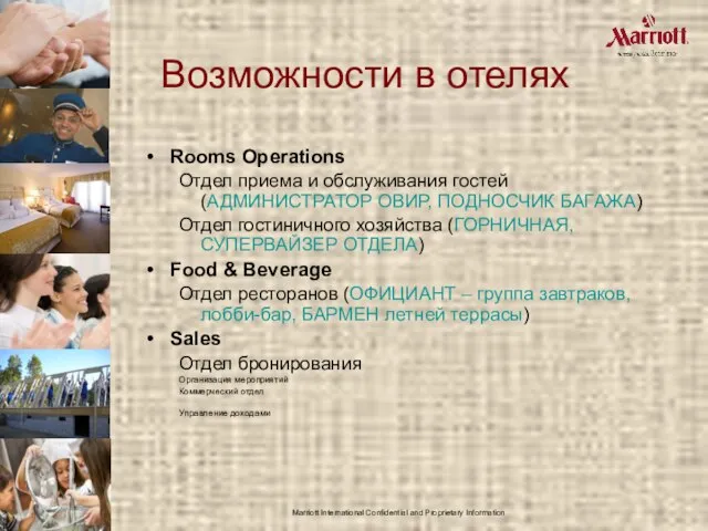 Marriott International Confidential and Proprietary Information Возможности в отелях Rooms Operations Отдел