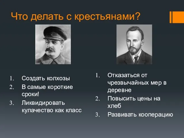 Что делать с крестьянами? Создать колхозы В самые короткие сроки! Ликвидировать кулачество