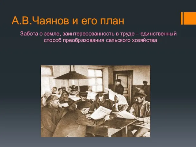 А.В.Чаянов и его план Забота о земле, заинтересованность в труде – единственный способ преобразования сельского хозяйства