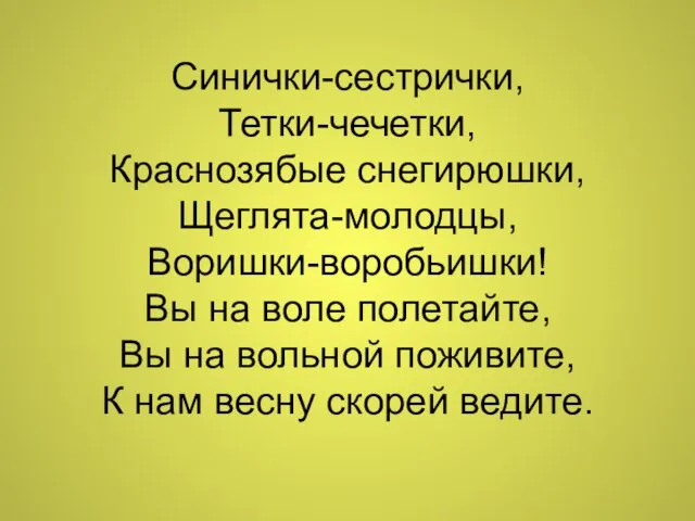 Синички-сестрички, Тетки-чечетки, Краснозябые снегирюшки, Щеглята-молодцы, Воришки-воробьишки! Вы на воле полетайте, Вы на