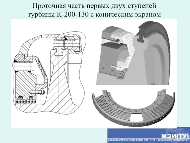 Проточная часть первых двух ступеней турбины К-200-130 с коническим экраном