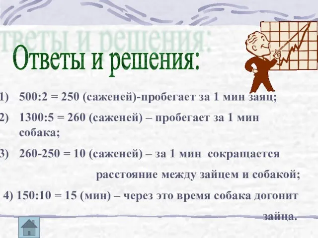 Ответы и решения: 500:2 = 250 (саженей)-пробегает за 1 мин заяц; 1300:5