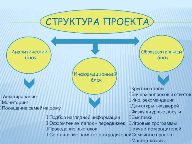 СТРУКТУРА ПРОЕКТА Аналитический блок Информационный блок Образовательный блок Анкетирование Мониторинг Посещение семей