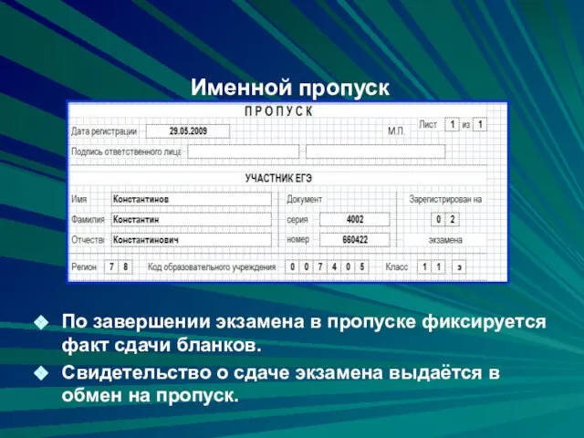 Именной пропуск По завершении экзамена в пропуске фиксируется факт сдачи бланков. Свидетельство