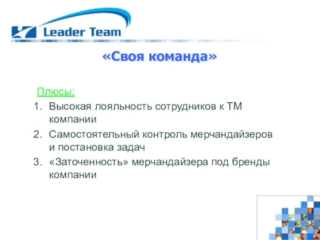 «Своя команда» Плюсы: Высокая лояльность сотрудников к ТМ компании Самостоятельный контроль мерчандайзеров