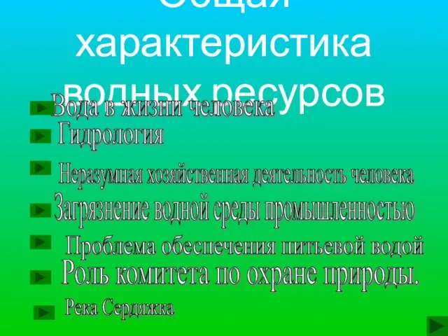 Общая характеристика водных ресурсов Вода в жизни человека Гидрология Неразумная хозяйственная деятельность