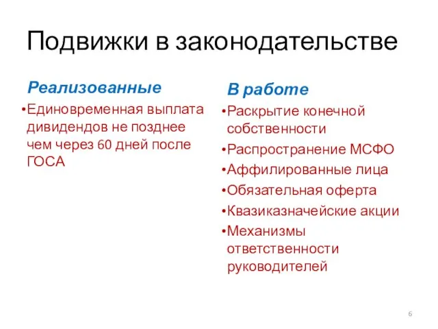 Подвижки в законодательстве Реализованные Единовременная выплата дивидендов не позднее чем через 60