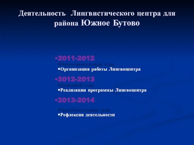 Деятельность Лингвистического центра для района Южное Бутово 2011-2012 Подготовительный этап Организация работы