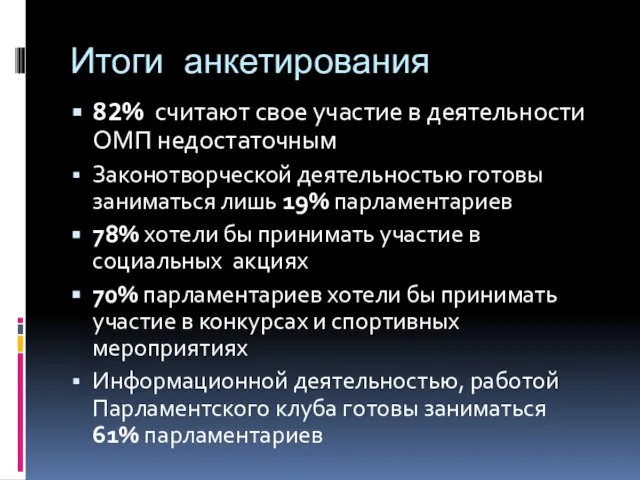 Итоги анкетирования 82% считают свое участие в деятельности ОМП недостаточным Законотворческой деятельностью