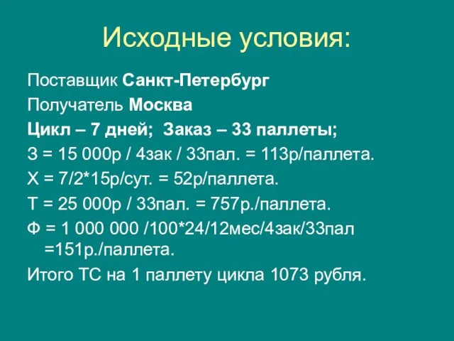 Исходные условия: Поставщик Санкт-Петербург Получатель Москва Цикл – 7 дней; Заказ –