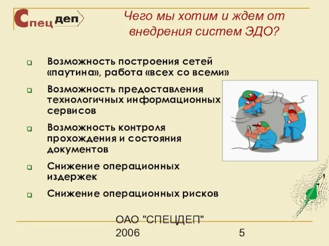 ОАО "СПЕЦДЕП" 2006 Чего мы хотим и ждем от внедрения систем ЭДО?