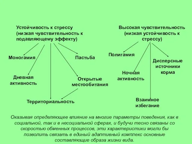 Устойчивость к стрессу (низкая чувствительность к подавляющему эффекту) Моногамия Пастьба Дневная активность