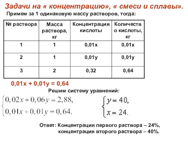 Задачи на « концентрацию», « смеси и сплавы». 0,01х + 0,01у =