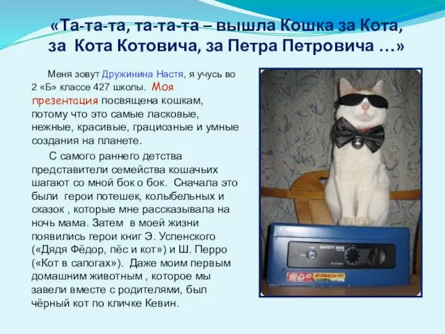 «Та-та-та, та-та-та – вышла Кошка за Кота, за Кота Котовича, за Петра