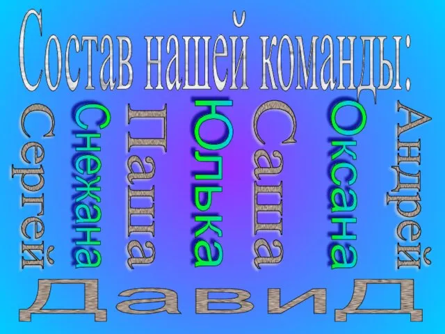 Состав нашей команды: Снежана Юлька Оксана Паша Саша Андрей Сергей ДавиД