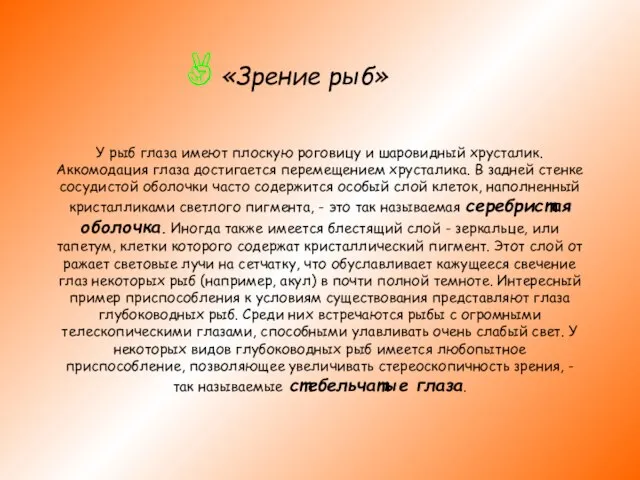 У рыб глаза имеют плоскую роговицу и шаровидный хрусталик. Аккомодация глаза достигается