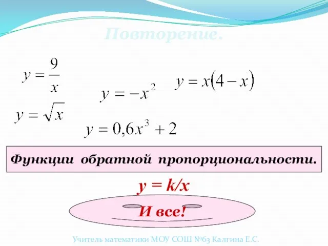 Повторение. Функции обратной пропорциональности. у = k/x И все! Учитель математики МОУ СОШ №63 Калгина Е.С.