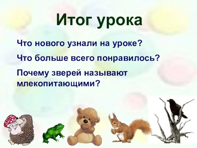 Итог урока Что нового узнали на уроке? Что больше всего понравилось? Почему зверей называют млекопитающими?