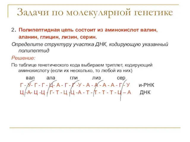 Задачи по молекулярной генетике 2. Полипептидная цепь состоит из аминокислот валин, аланин,