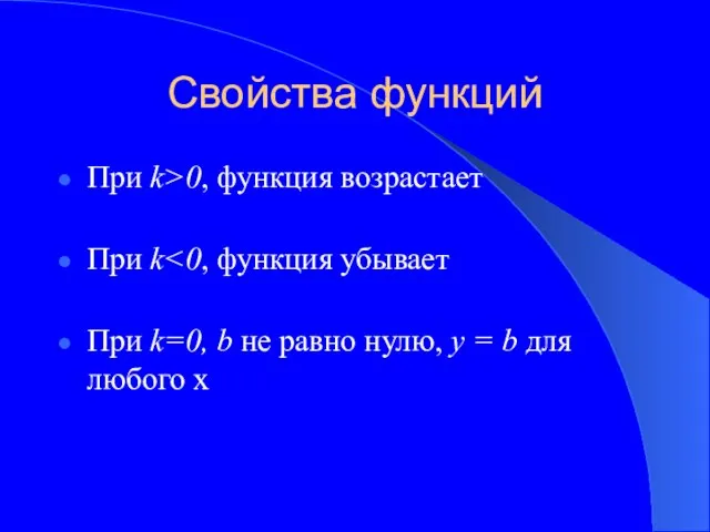 Свойства функций При k>0, функция возрастает При k При k=0, b не