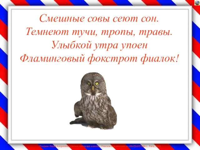 Смешные совы сеют сон. Темнеют тучи, тропы, травы. Улыбкой утра упоен Фламинговый фокстрот фиалок!