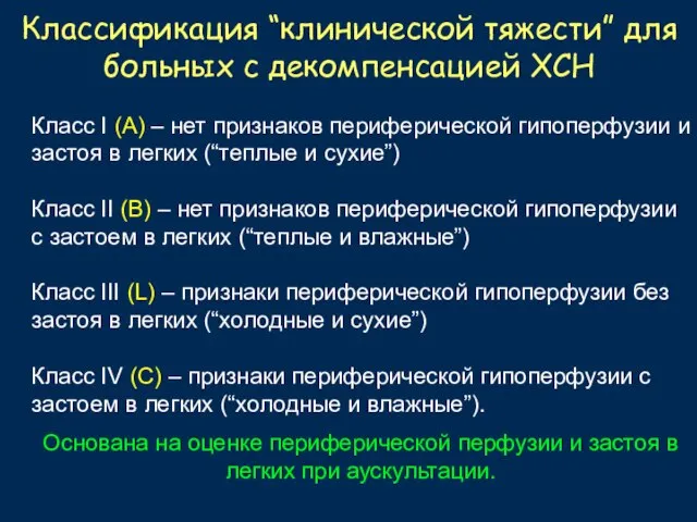 Классификация “клинической тяжести” для больных с декомпенсацией ХСН Класс I (А) –