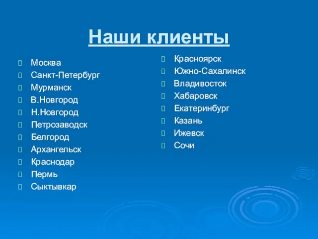 Наши клиенты Москва Санкт-Петербург Мурманск В.Новгород Н.Новгород Петрозаводск Белгород Архангельск Краснодар Пермь