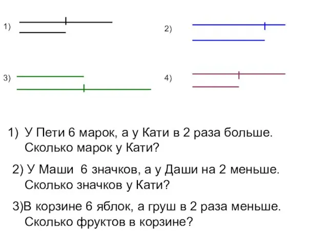 1) 3) 4) 2) У Пети 6 марок, а у Кати в