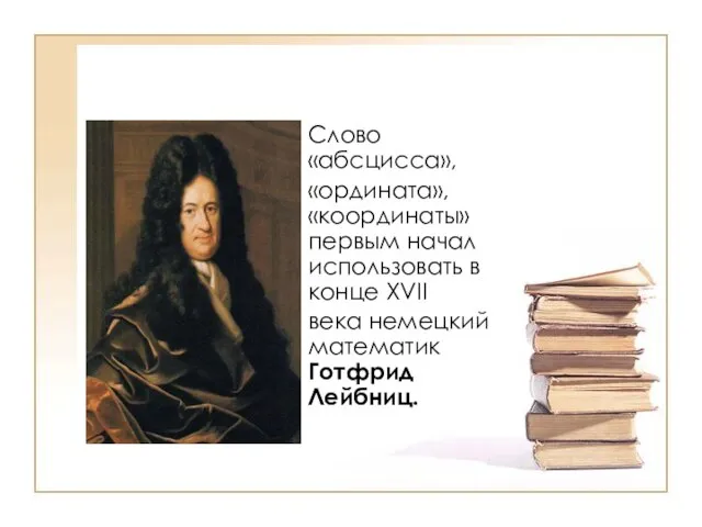 Слово «абсцисса», «ордината», «координаты» первым начал использовать в конце XVII века немецкий математик Готфрид Лейбниц.