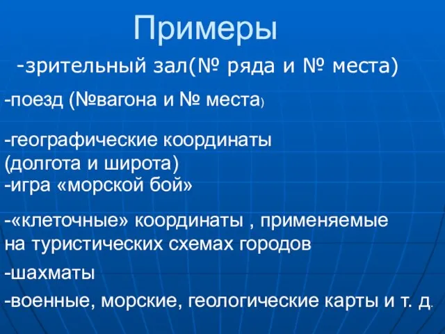 Примеры -зрительный зал(№ ряда и № места) -военные, морские, геологические карты и