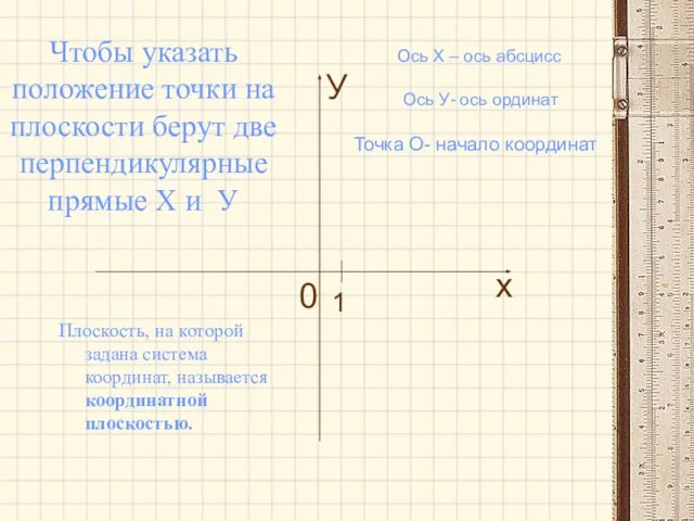 Чтобы указать положение точки на плоскости берут две перпендикулярные прямые Х и