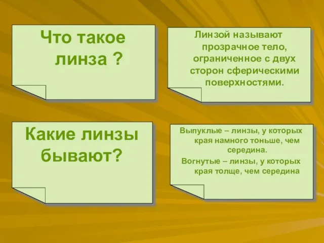 Какие линзы бывают? Линзой называют прозрачное тело, ограниченное с двух сторон сферическими