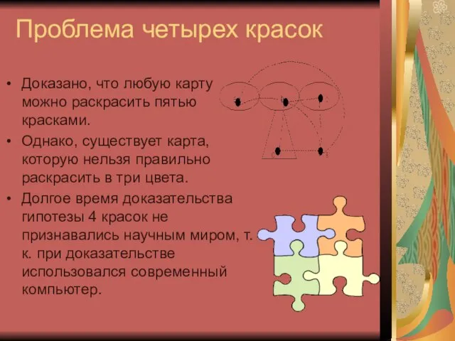 Проблема четырех красок Доказано, что любую карту можно раскрасить пятью красками. Однако,