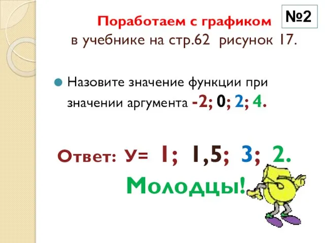 Поработаем с графиком в учебнике на стр.62 рисунок 17. Назовите значение функции