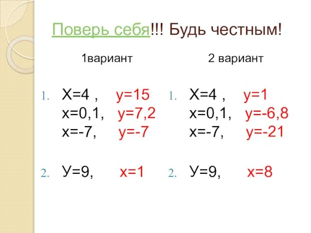 Поверь себя!!! Будь честным! 1вариант Х=4 , у=15 х=0,1, у=7,2 х=-7, у=-7