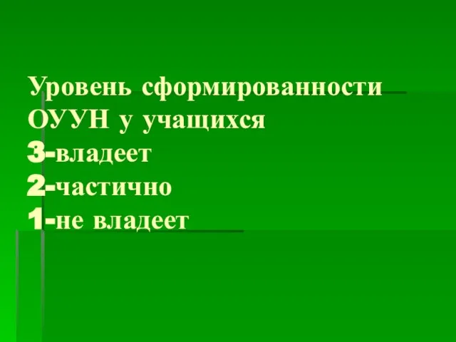 Уровень сформированности ОУУН у учащихся 3-владеет 2-частично 1-не владеет