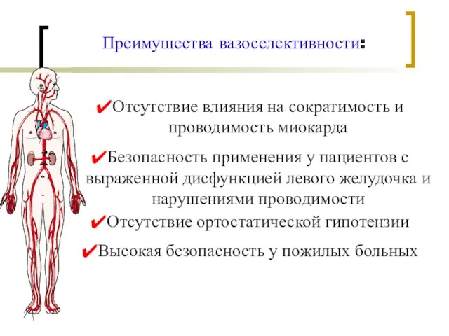 Преимущества вазоселективности: Отсутствие влияния на сократимость и проводимость миокарда Безопасность применения у