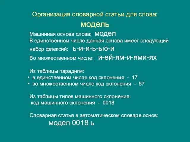 Организация словарной статьи для слова: модель Машинная основа слова: модел В единственном