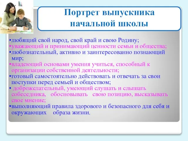 Портрет выпускника начальной школы любящий свой народ, свой край и свою Родину;