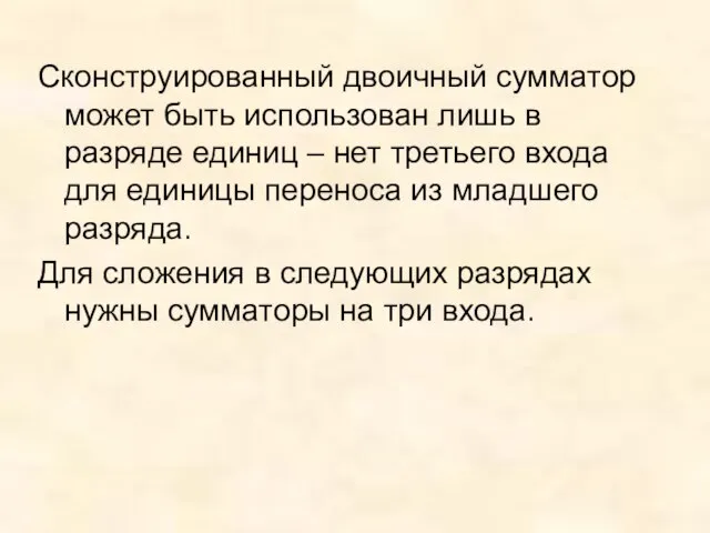 Сконструированный двоичный сумматор может быть использован лишь в разряде единиц – нет