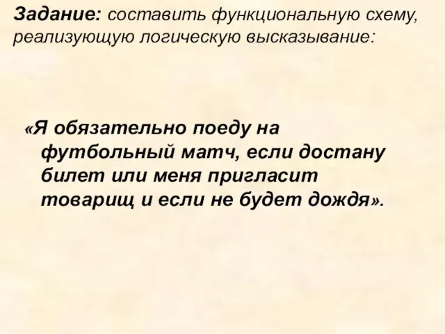 Задание: составить функциональную схему, реализующую логическую высказывание: «Я обязательно поеду на футбольный