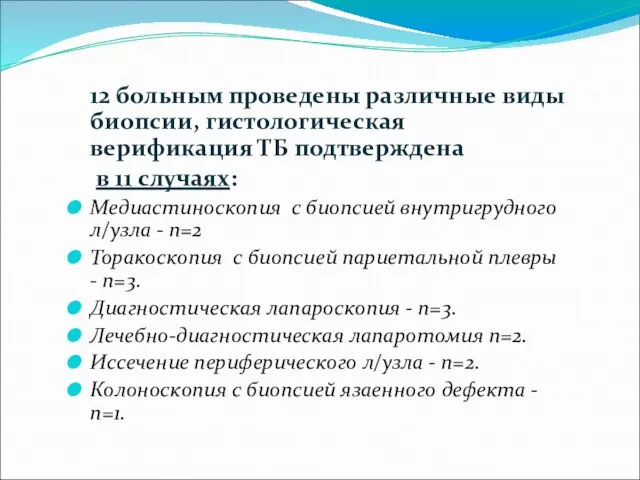 12 больным проведены различные виды биопсии, гистологическая верификация ТБ подтверждена в 11