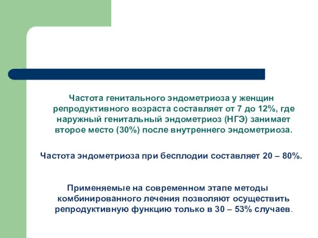 Частота генитального эндометриоза у женщин репродуктивного возраста составляет от 7 до 12%,