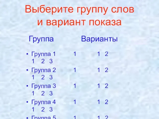 Выберите группу слов и вариант показа Группа Варианты Группа 1 1 1