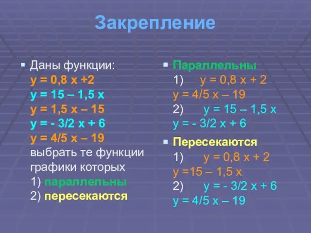 Закрепление Даны функции: у = 0,8 х +2 у = 15 –